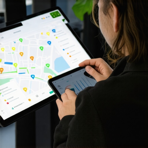 Advanced Local SEO Analytics Business owner reviewing local SEO and maps analytics on a tablet