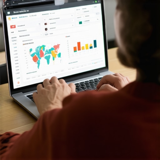 Person analyzing local SEO performance metrics on a laptop with charts and maps