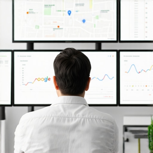 Expert Analyzing Local SEO Data SEO expert reviewing Google Maps ranking analytics on multiple screens.