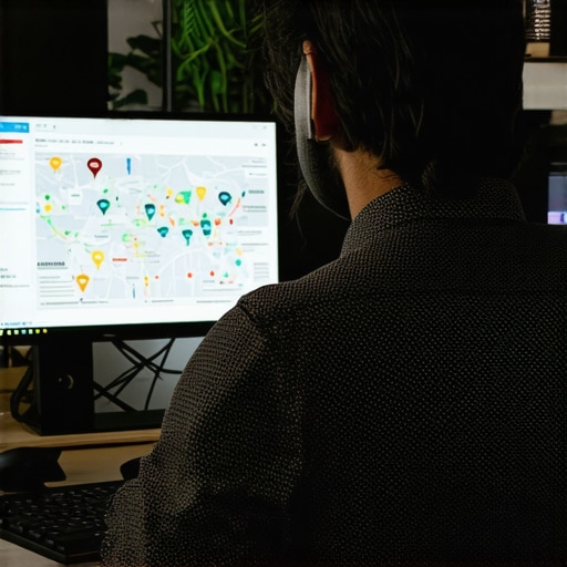 Advanced Tools for Map Pack Maintenance An SEO expert reviewing local SEO analytics on a computer screen with maps and data charts.