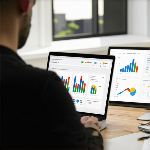 A marketer reviewing SEO analytics on a laptop screen with charts and graphs