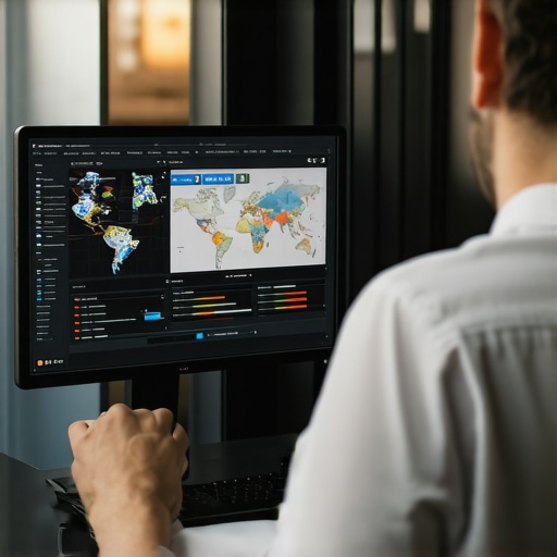 Digital Marketer Using SEO Tools A digital marketing professional reviewing local search ranking data on a computer screen in a modern office