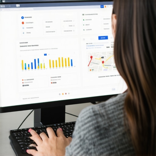 Business owner analyzing local SEO performance on digital dashboard