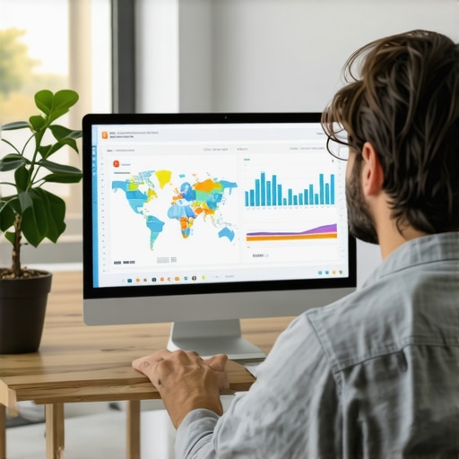 Local SEO dashboard analysis Digital marketer reviewing maps ranking metrics and SEO analytics on a computer screen.