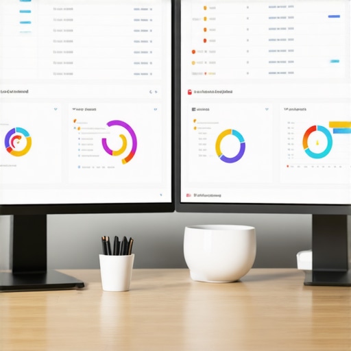 A professional desk with dual monitors displaying local SEO analytics and citation management software.