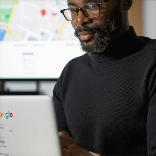 Business owner updating Google My Business profile on a laptop with local map in the background.