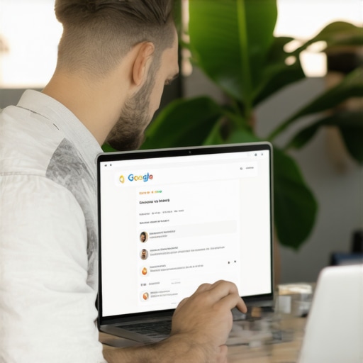 Business owner updating Google My Business profile on a laptop in a modern office