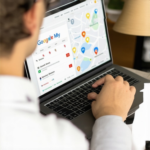 Business owner updating GMB profile on laptop with maps and analytics