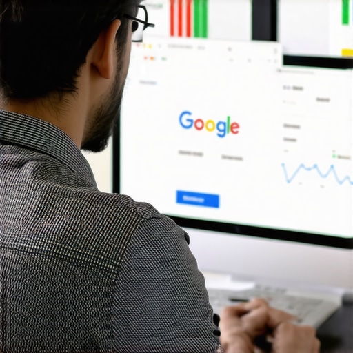 Business owner optimizing Google My Business profile on laptop with analytics background.