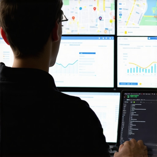 Optimizing for Long-Term Map Pack Success Digital marketer reviewing local SEO analytics on multiple monitors.