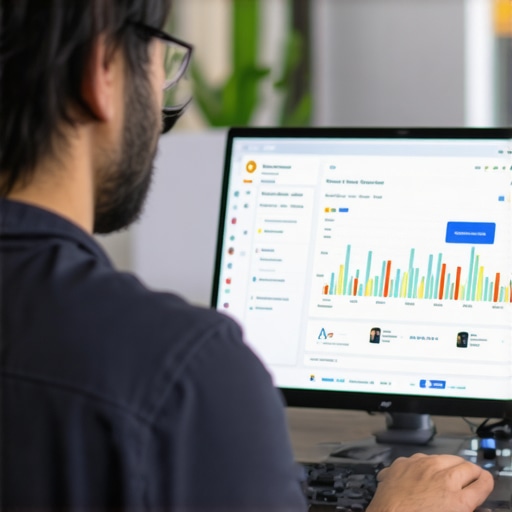 Business owner reviewing local SEO analytics on a laptop, emphasizing map pack performance.