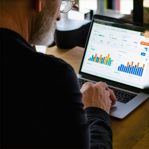 Business owner analyzing Google My Business insights on a laptop with charts showing ranking improvements.