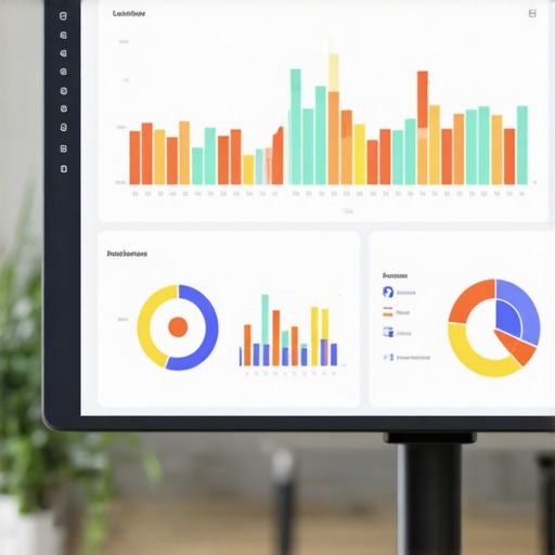 A person analyzing local SEO metrics on a digital dashboard with graphs and charts in a modern office environment