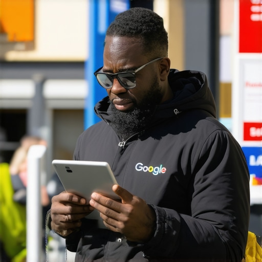 Business owner enhancing their local business profile on a tablet, with community signage in background.