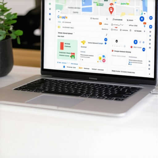 Business owner working on Google My Business profile with maps on screen.
