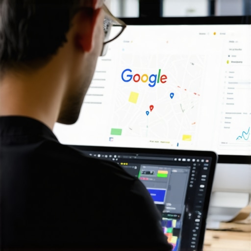 A digital marketing professional working on a Google My Business profile with local maps and analytics