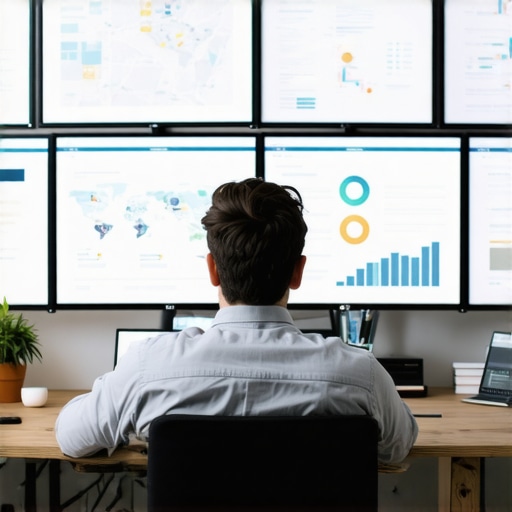 A person reviewing SEO performance metrics on a computer monitor showing maps and analytics.