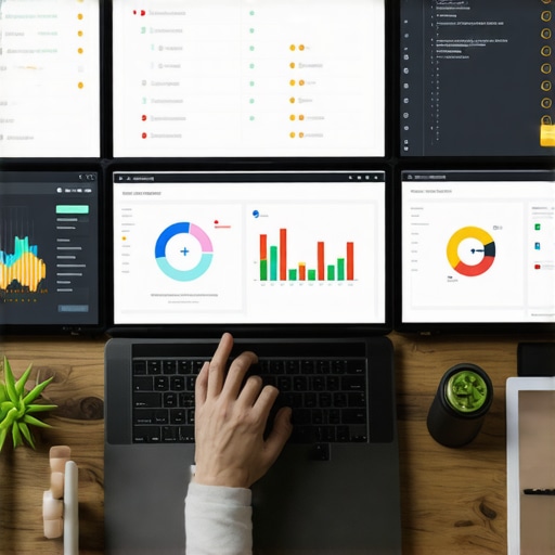 A professional analyzing local SEO metrics on multiple monitors