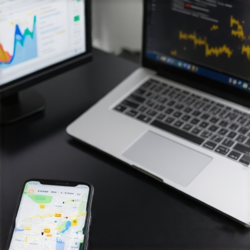 Desk with laptop showing analytics dashboards and maps tools for local SEO