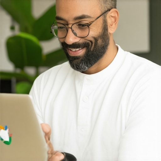 Business owner updating Google My Business profile on laptop.