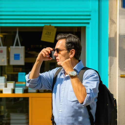 Business owner capturing photos of storefront on smartphone in a busy street