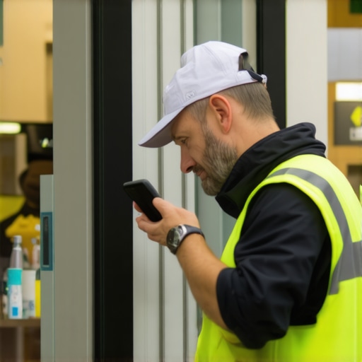 Technician installing Bluetooth beacons outside a storefront to enhance local map pack ranking.