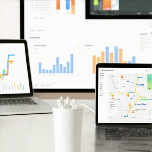 Laptop displaying maps and SEO analytics dashboards with charts and graphs.
