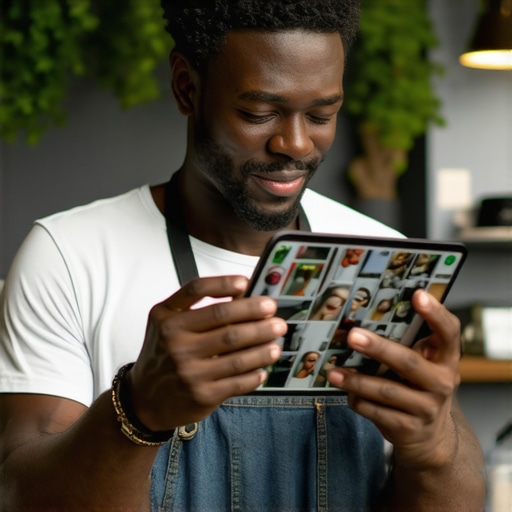 Business owner uploading videos and photos to Google My Business on a tablet.