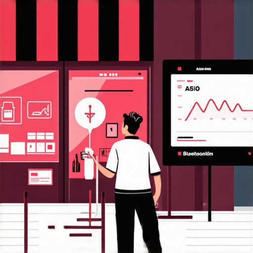 Illustration of a storefront with Bluetooth beacons and digital traffic analysis displays.