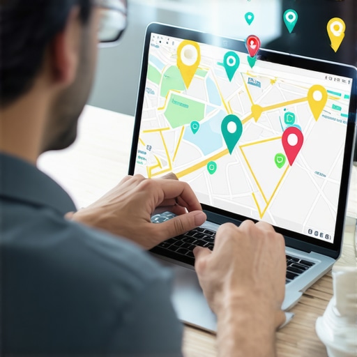 Business owner examining digital signals and map indicators for local SEO optimization.