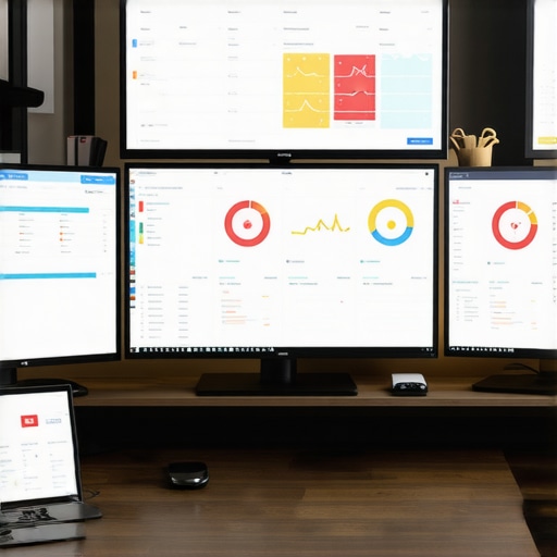 Desk with monitors showing local SEO and GPS heatmap analytics.