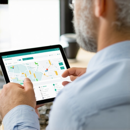 Business owner reviewing local SEO analytics on a tablet with maps and graphs.