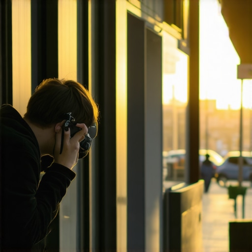 Photographer taking a high-resolution exterior shot of a business storefront during golden hour for Google My Business profile.